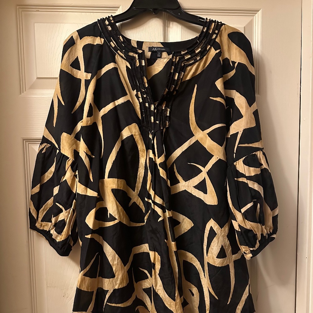 Anne Klein XL Gold/Black Silk Blend Blouse 3/4 Sleeve